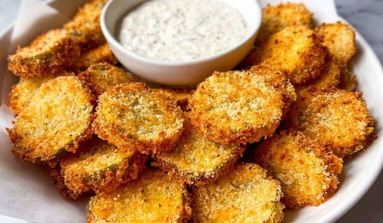 Air Fryer Fried Pickles served with creamy ranch dip on a white plate