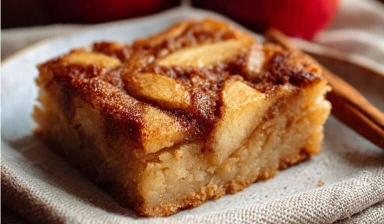 Apple Cinnamon Sheet Cake slice on plate with cinnamon sticks