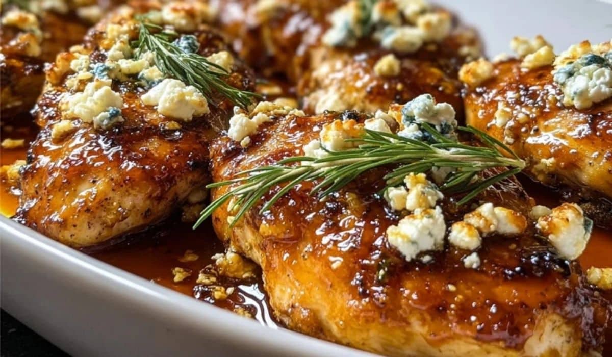 Artisan Hot Honey Infused Feta Chicken glazed and topped with crumbled feta