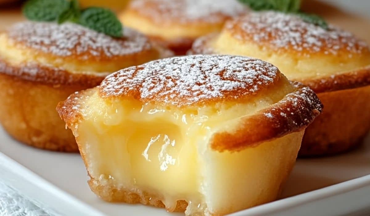 Baby Lemon Impossible Pies with golden crust and creamy lemon filling
