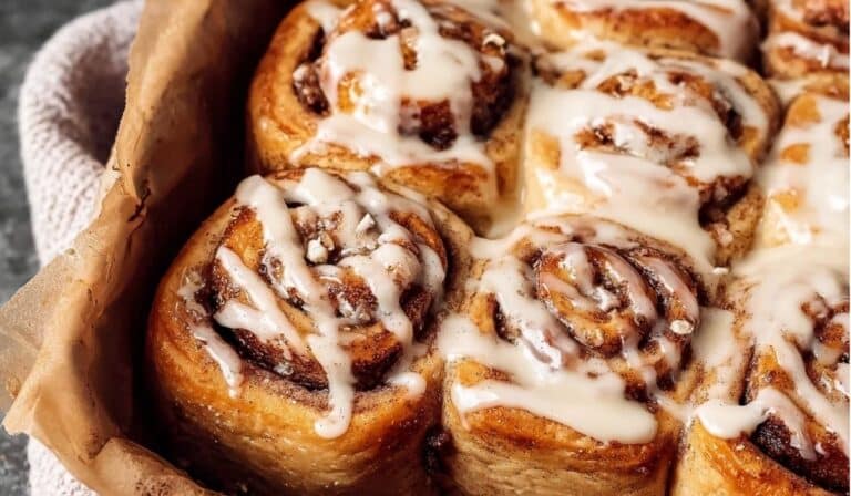 Close-up of freshly baked Banana Bread Cinnamon Rolls with cream cheese glaze