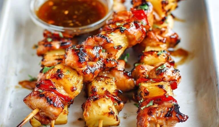Juicy BBQ Pineapple Chicken Kabobs with grilled pineapple and red peppers on skewers