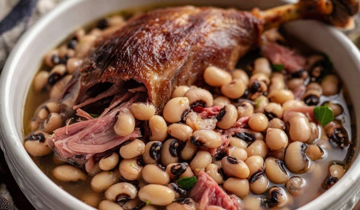 Black Eyed Peas With Smoked Turkey Leg served in a white bowl with rich broth