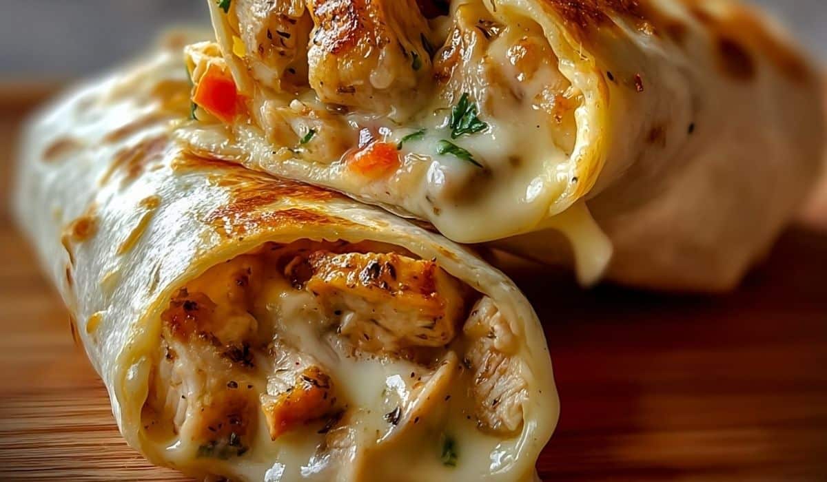 Cheesy Garlic Chicken Wraps filled with melted cheese and grilled chicken