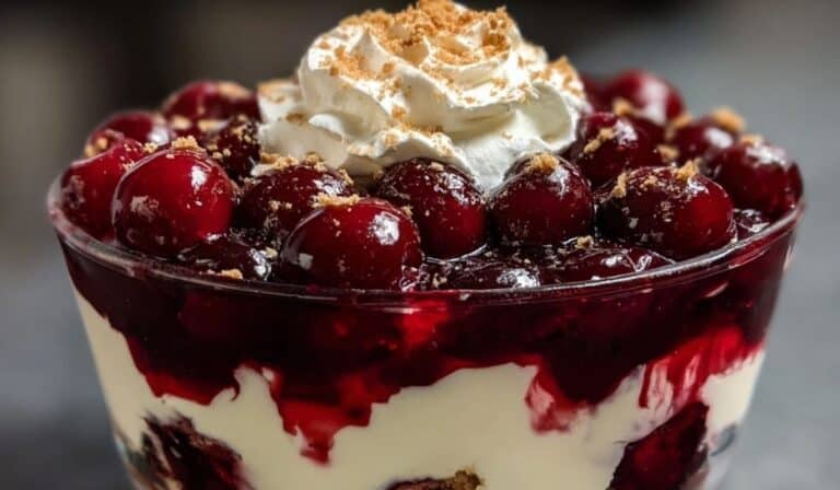 Cherry Cheesecake Trifle layered with cream cheese, cherries, and graham crust