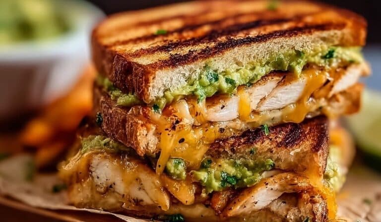 Chicken Avocado Melt Sandwich with gooey cheese and smashed avocado on toasted sourdough