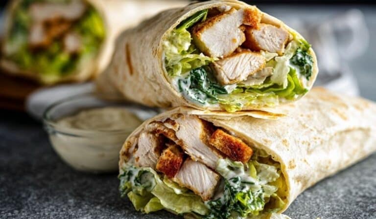 Chicken Caesar Wrap with grilled chicken, romaine lettuce, and creamy Caesar dressing in a tortilla