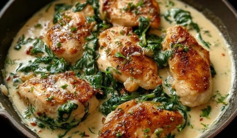 Chicken Florentine with creamy garlic sauce and spinach in a skillet