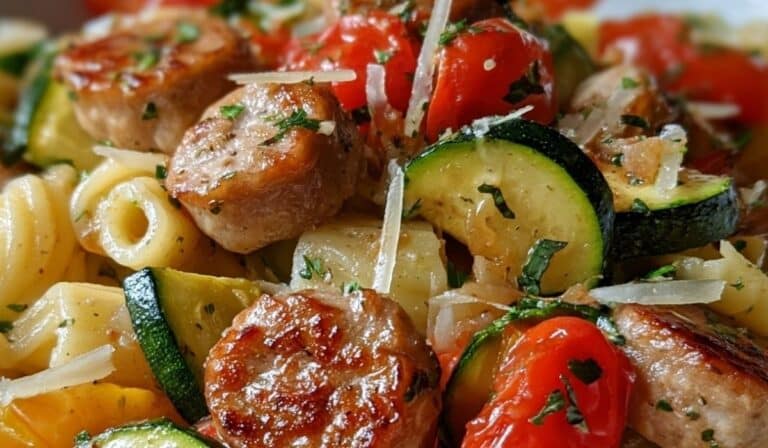 Close-up of Chicken Sausages with Zucchini, Tomatoes, and Pasta in a white bowl