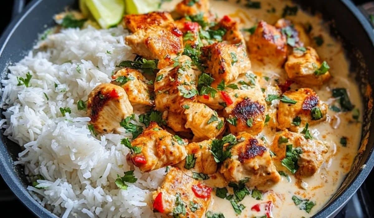 Coconut Chicken Rice Bowl with creamy coconut sauce and jasmine rice