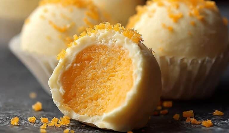 Close-up of creamy no-bake orange truffles with fresh orange zest topping