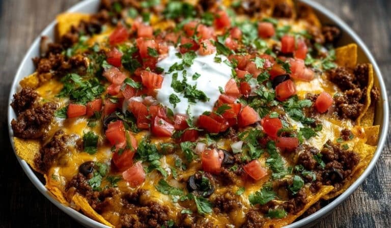 Crockpot Taco Casserole topped with sour cream and tomatoes