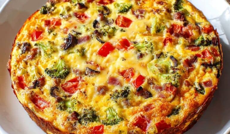 Crustless Quiche with vegetables and cheese baked until golden