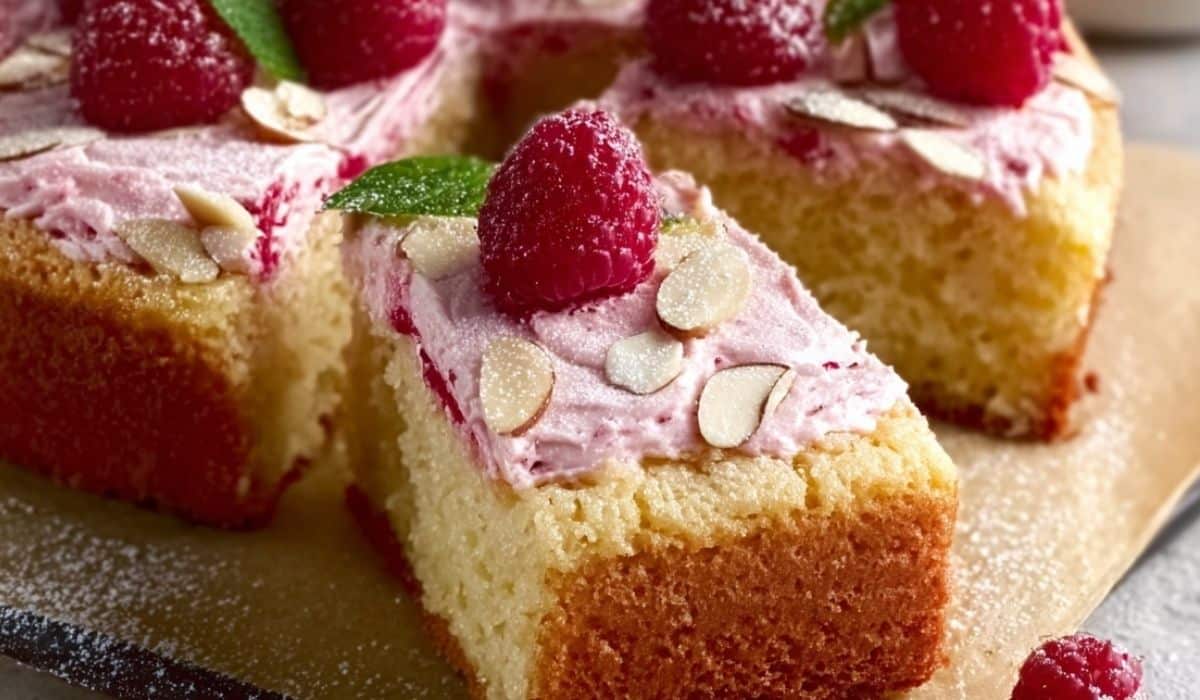 Almond Raspberry Cake topped with fresh raspberries and almond slices