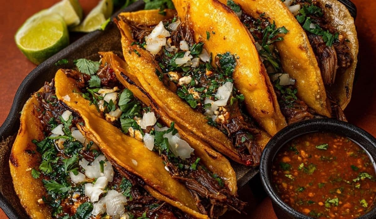 Birria Tacos with crispy tortillas, melted cheese, and fresh cilantro served with consommé