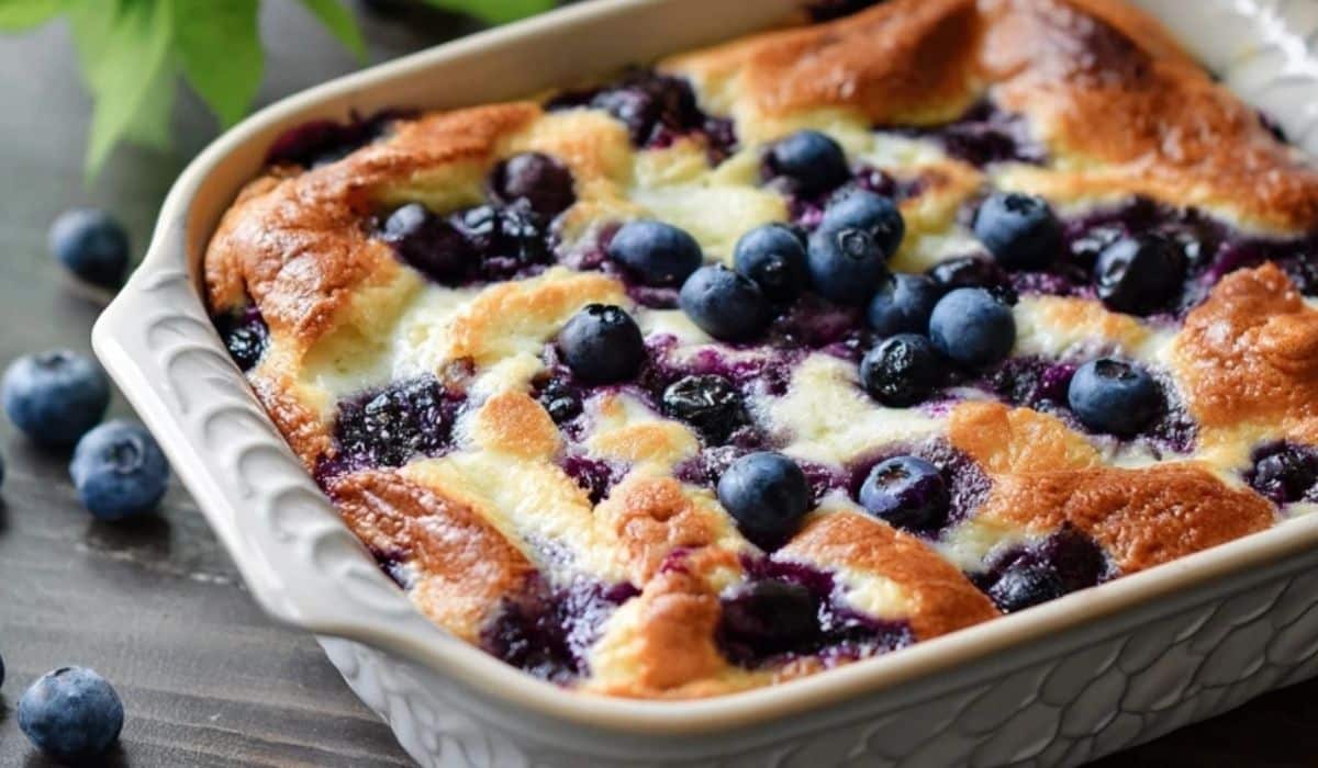 Blueberry Buttermilk Pancake Casserole baked in a ceramic dish