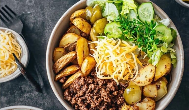 Burger Bowls with seasoned ground beef, roasted potatoes, shredded cheese, and fresh vegetables in a ceramic bowl