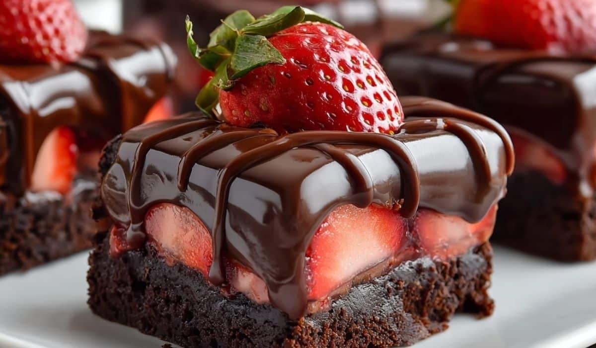 Chocolate Covered Strawberry Brownies topped with fresh strawberries and glossy chocolate drizzle on a white plate