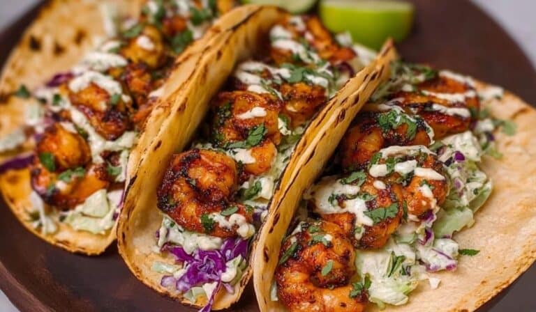 Cilantro Lime Shrimp Tacos with Creamy Slaw served in grilled tortillas with lime crema