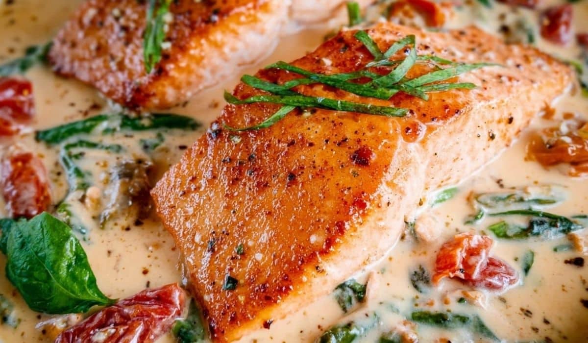 Creamy Tuscan Salmon with seared fillet in garlic Parmesan sauce with spinach and sun-dried tomatoes