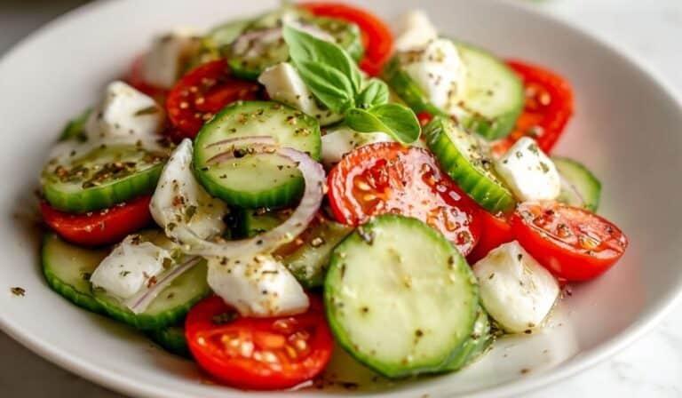 Cucumber Caprese Salad with fresh cucumbers, tomatoes, mozzarella, and basil