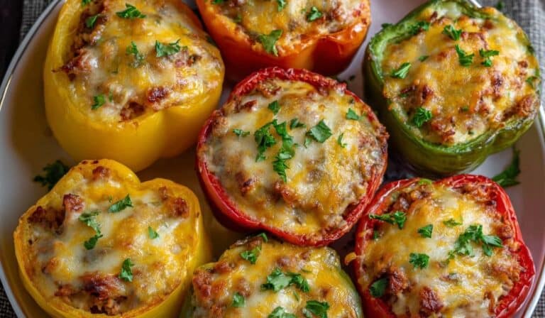 Easy stuffed bell peppers baked with cheese and parsley garnish