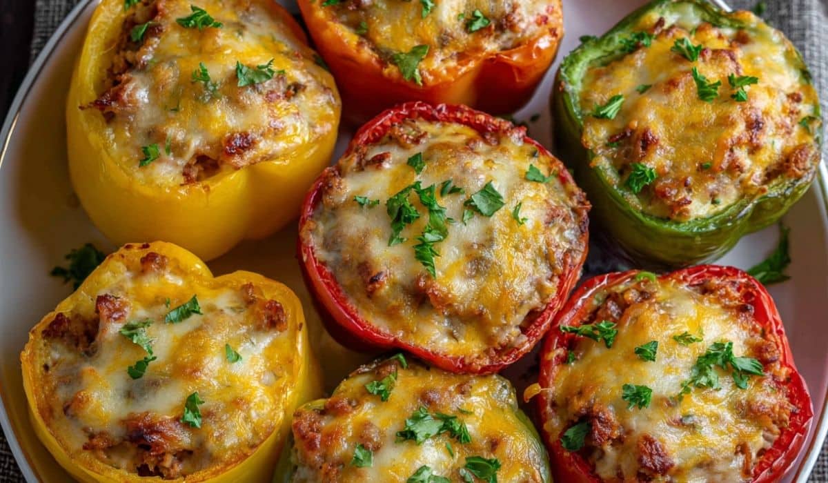 Easy stuffed bell peppers baked with cheese and parsley garnish