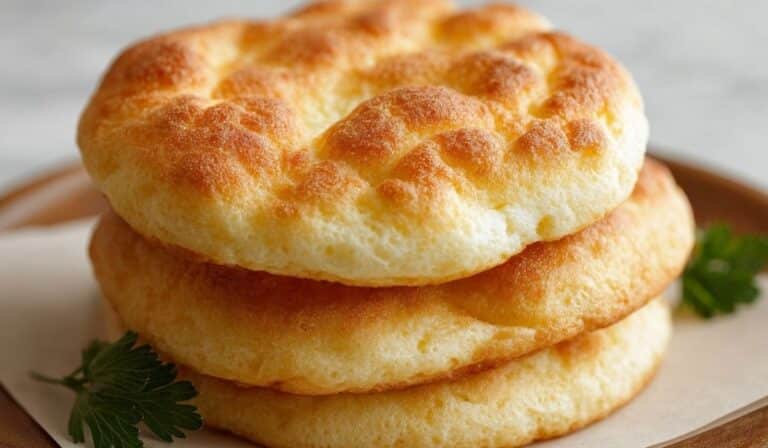 Fluffy Cottage Cheese Cloud Bread stacked with golden crust