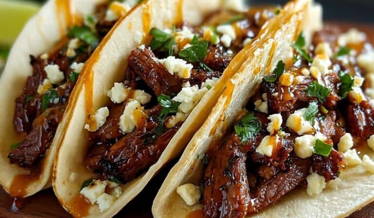 Garlic Butter Honey BBQ Beef Tacos with fresh cilantro and cheese crumbles