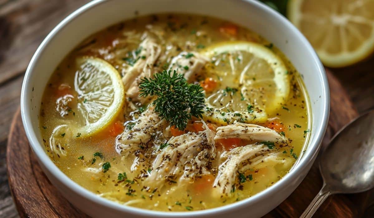 Greek Lemon Chicken Soup served with lemon slices and herbs in white bowl