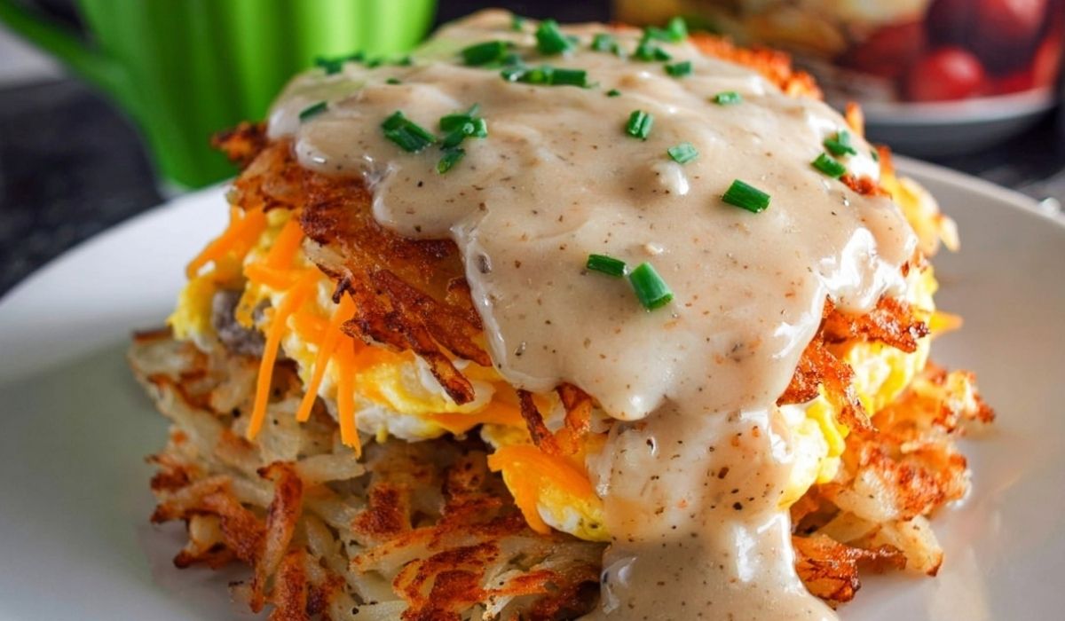 Crispy Hash Browns Breakfast Stacks topped with eggs, cheese, and gravy