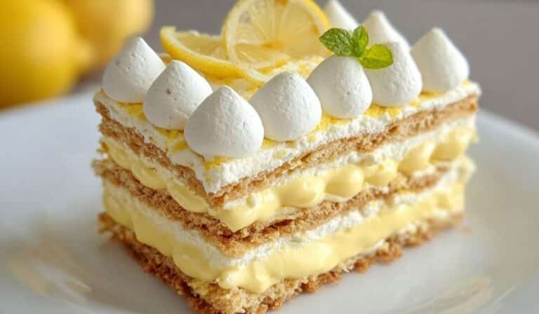 No-Bake Lemon Éclair Cake layered with whipped topping and lemon slices