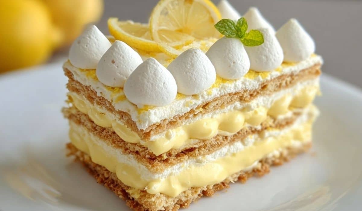 No-Bake Lemon Éclair Cake layered with whipped topping and lemon slices