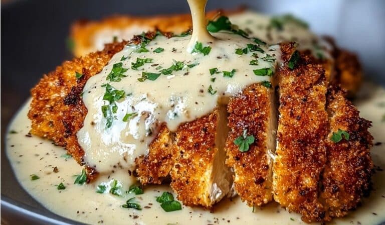 Parmesan Crusted Chicken with creamy garlic sauce served on a dark plate