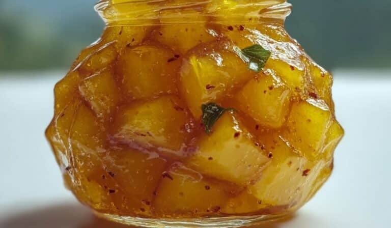 Pineapple Cowboy Candy in a glass jar with golden syrup and spices