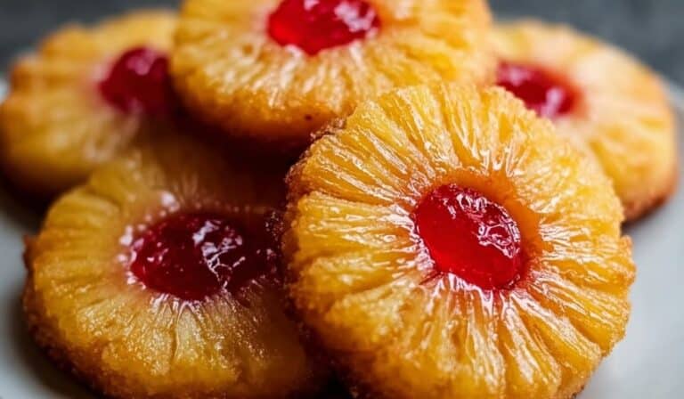 Pineapple Upside-Down Cookies with cherry centers on plate