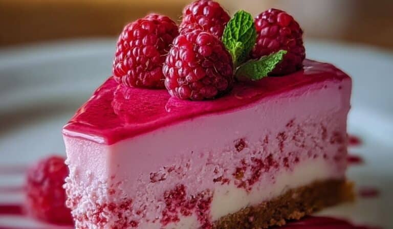 Pink Velvet Raspberry Cheesecake slice with raspberry topping and mint