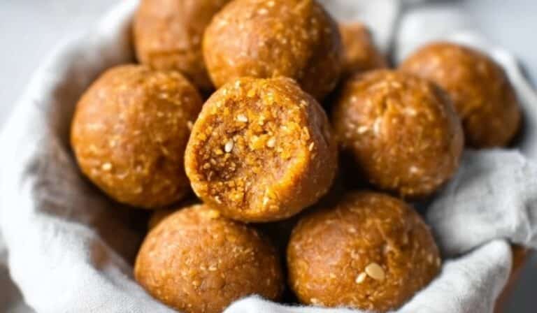 Pumpkin protein balls with oats and seeds in a bowl