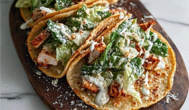 Smash Chicken Caesar Tacos with crispy chicken and Caesar salad in tortillas