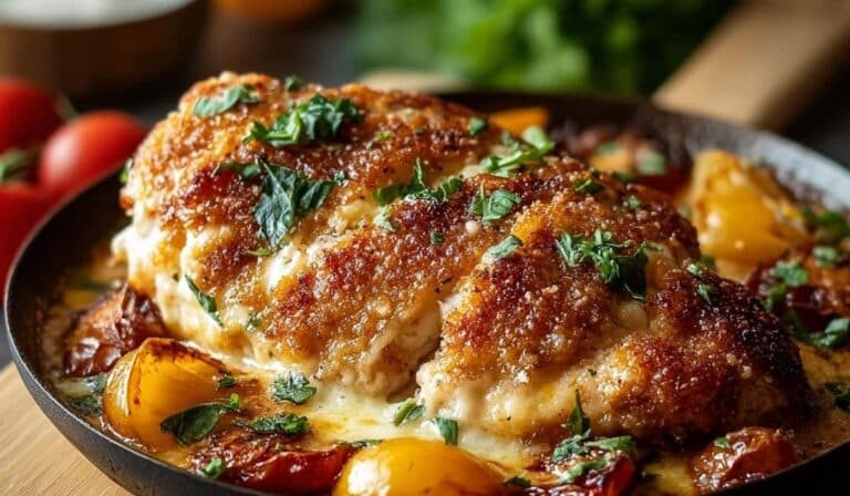 Crispy golden Steakhouse Parmesan Chicken served in skillet with herbs