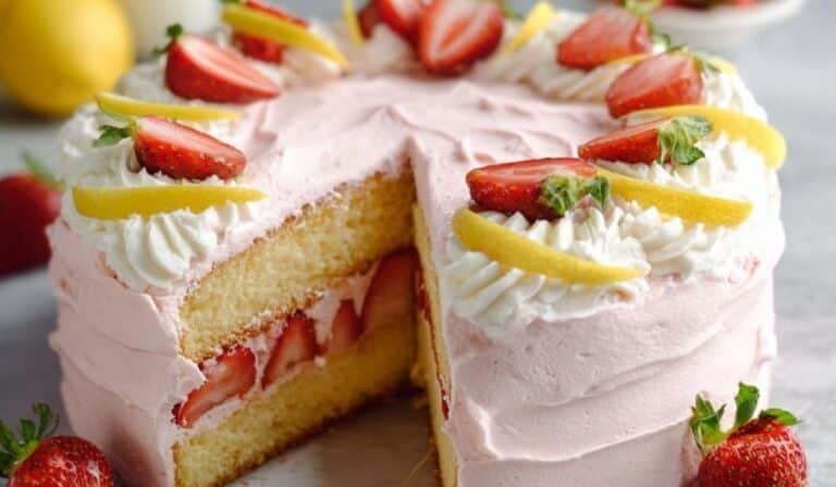 Moist and fluffy strawberry lemon cake with fresh berries and lemon slices on top
