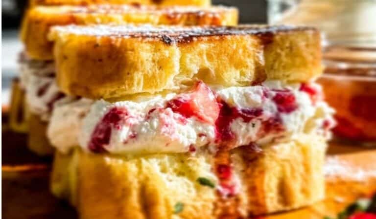 Strawberry Stuffed French Toast with rich cream cheese and fresh berries