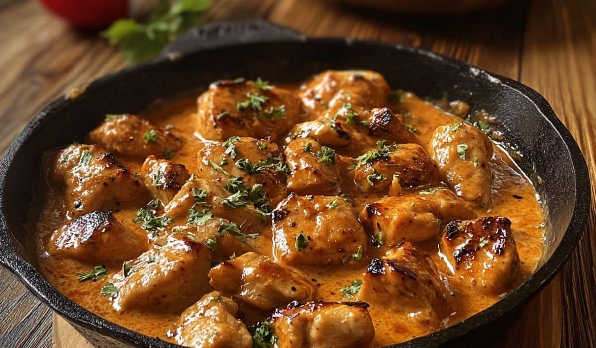 Texas Roadhouse Butter Chicken Skillet served hot in cast iron pan