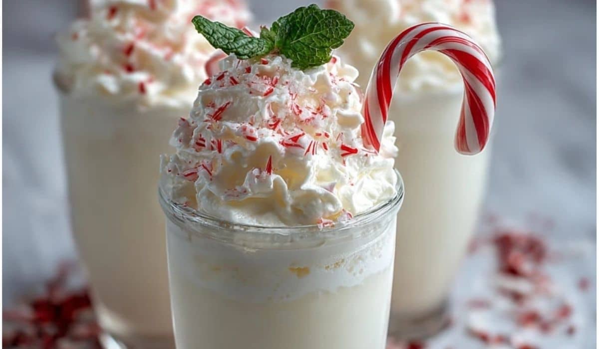 Festive Peppermint Christmas Float with whipped cream and candy cane garnish