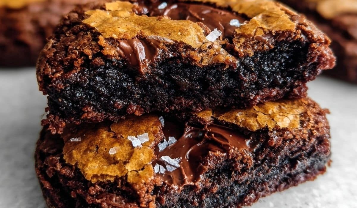 Fudgy Chewy Brookies with rich brownie and chewy cookie layers topped with sea salt