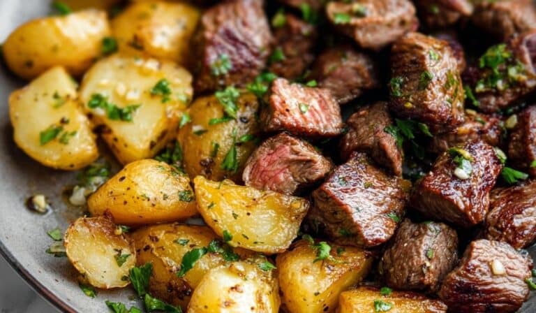 Garlic Butter Steak Bites and Potatoes served with golden baby potatoes and fresh parsley