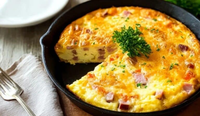 Ham and Cheese Frittata baked in a cast iron skillet with golden crust