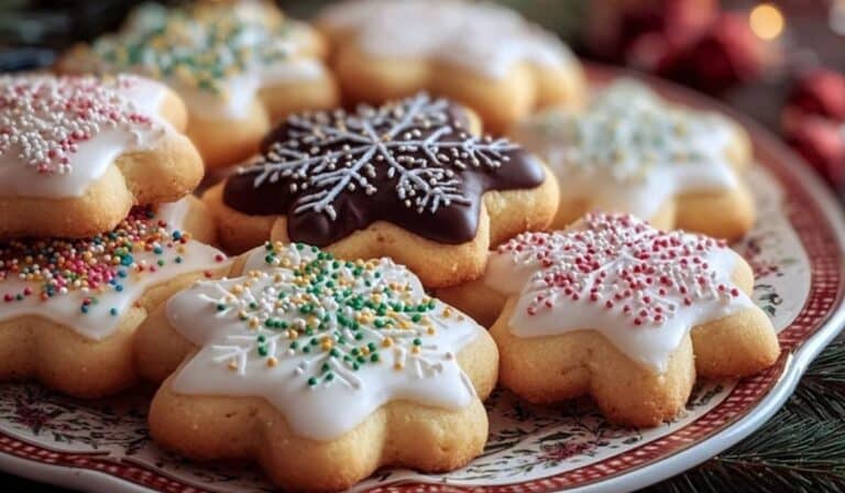 Italian Christmas Cookies decorated with icing and sprinkles on a holiday plate