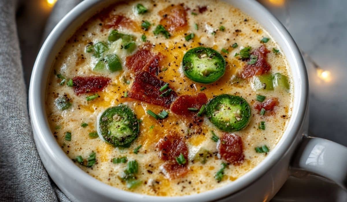 Creamy Jalapeno Popper Soup topped with bacon, cheddar, and sliced jalapeños in a white bowl