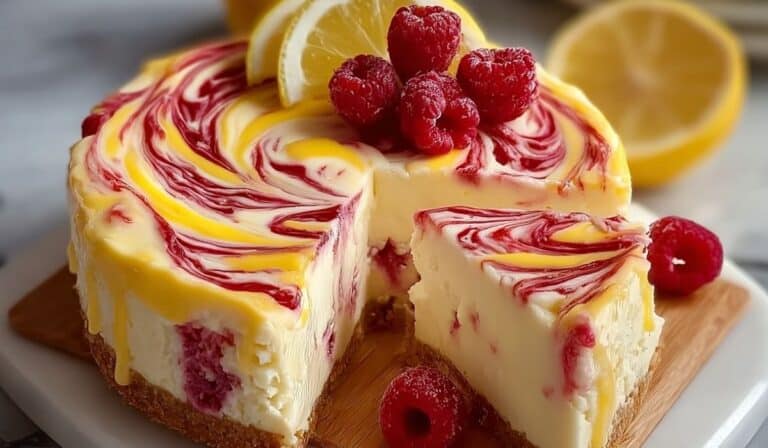 Lemon Raspberry Swirl Cheesecake with fresh raspberries and lemon garnish